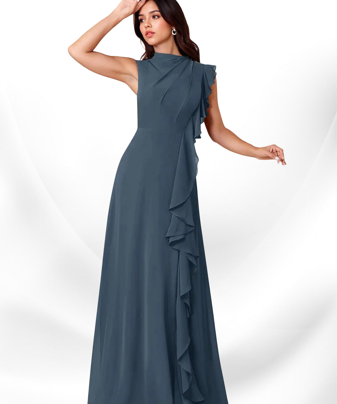 Augday Narine A-Line High Neckline Pleated Chiffon Dress