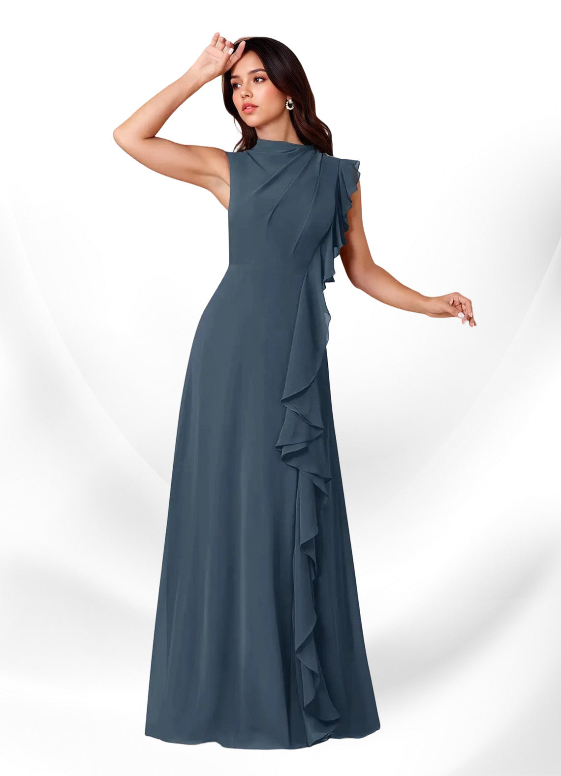 Augday Narine A-Line High Neckline Pleated Chiffon Dress