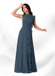 Augday Narine A-Line High Neckline Pleated Chiffon Dress