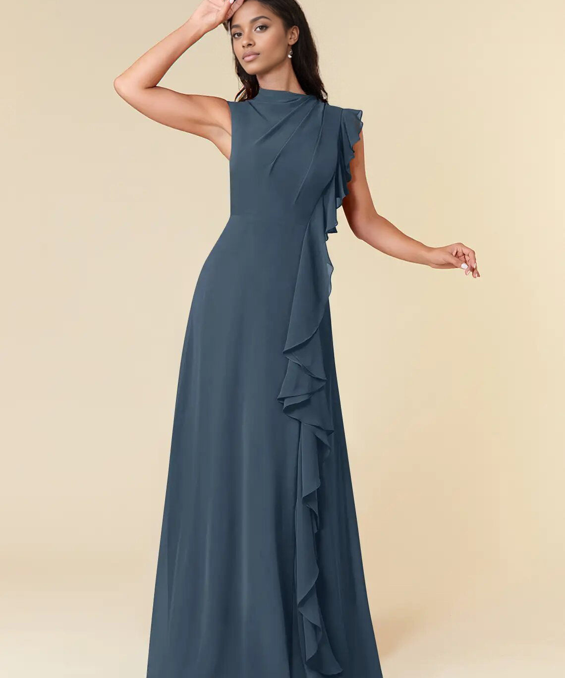 Augday A-Line High Neckline Pleated Chiffon Dress