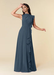 Augday A-Line High Neckline Pleated Chiffon Dress
