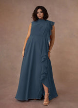 Augday A-Line High Neckline Pleated Chiffon Dress Plus Size