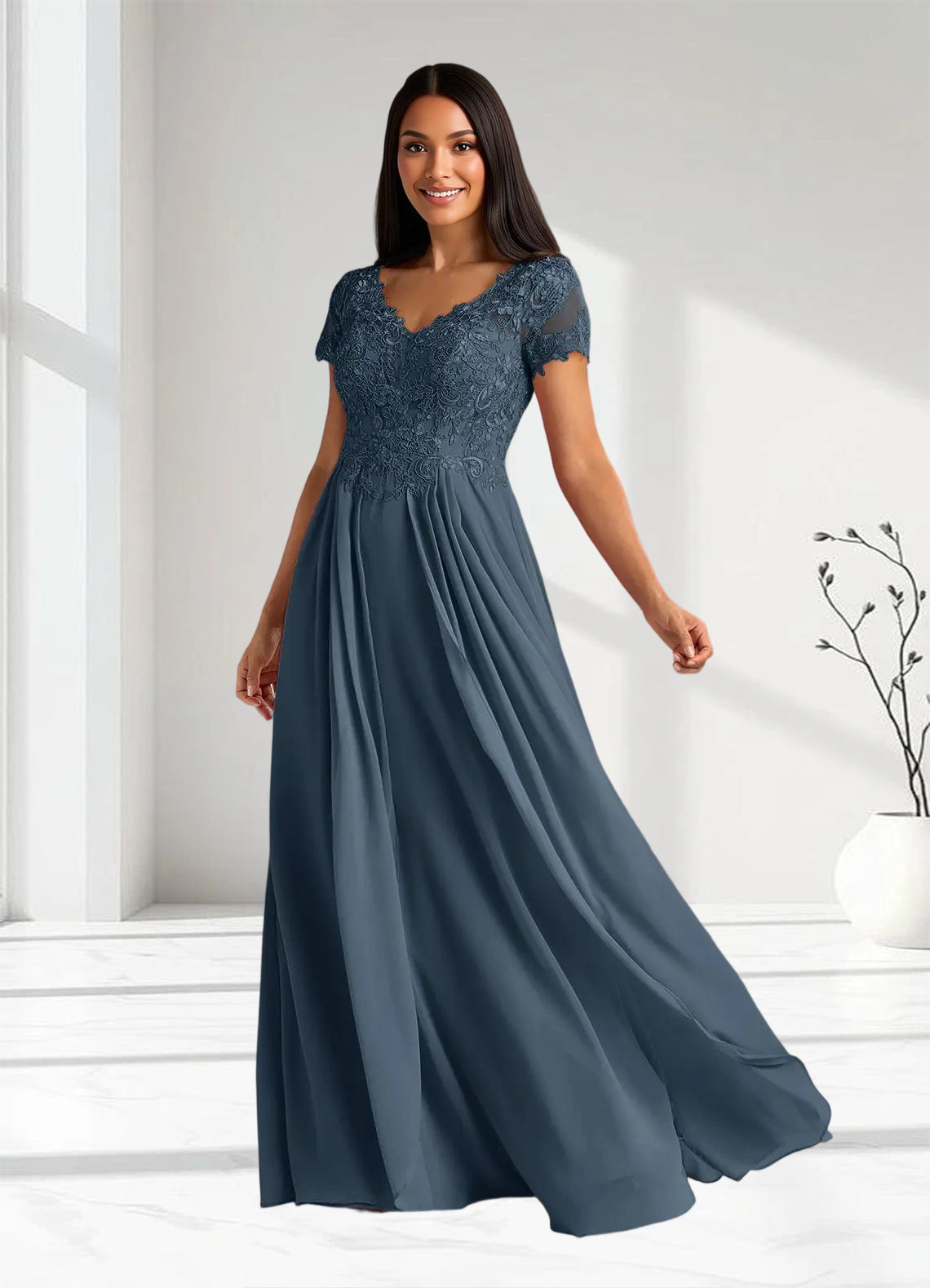 Augday Dunja A-Line V-Neck Lace Chiffon Dress