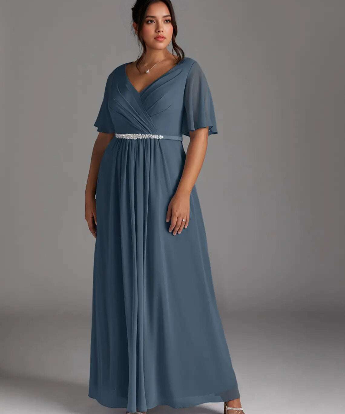 Augday A-Line V-Neck Pleated Chiffon Dress Plus Size
