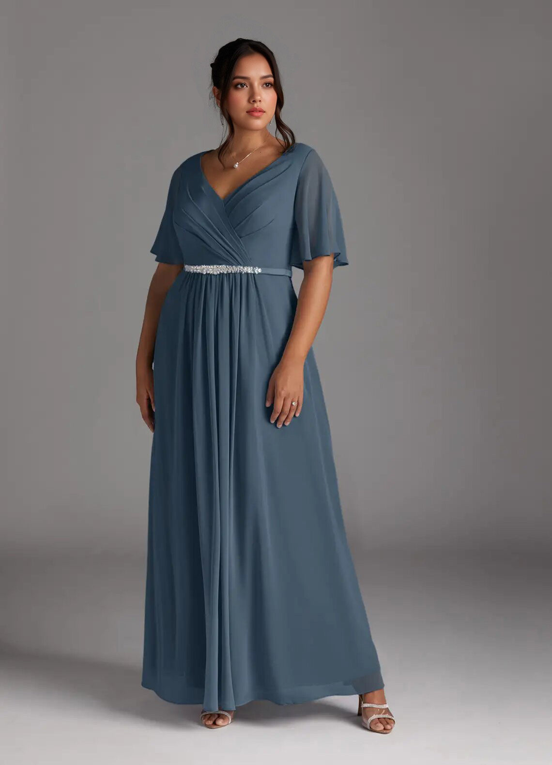 Augday A-Line V-Neck Pleated Chiffon Dress Plus Size