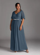 Augday A-Line V-Neck Pleated Chiffon Dress Plus Size