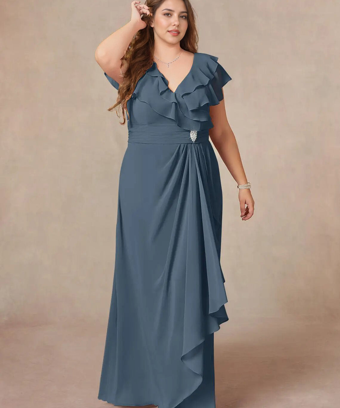 Augday A-Line V-Neck Ruched Chiffon Dress Plus Size