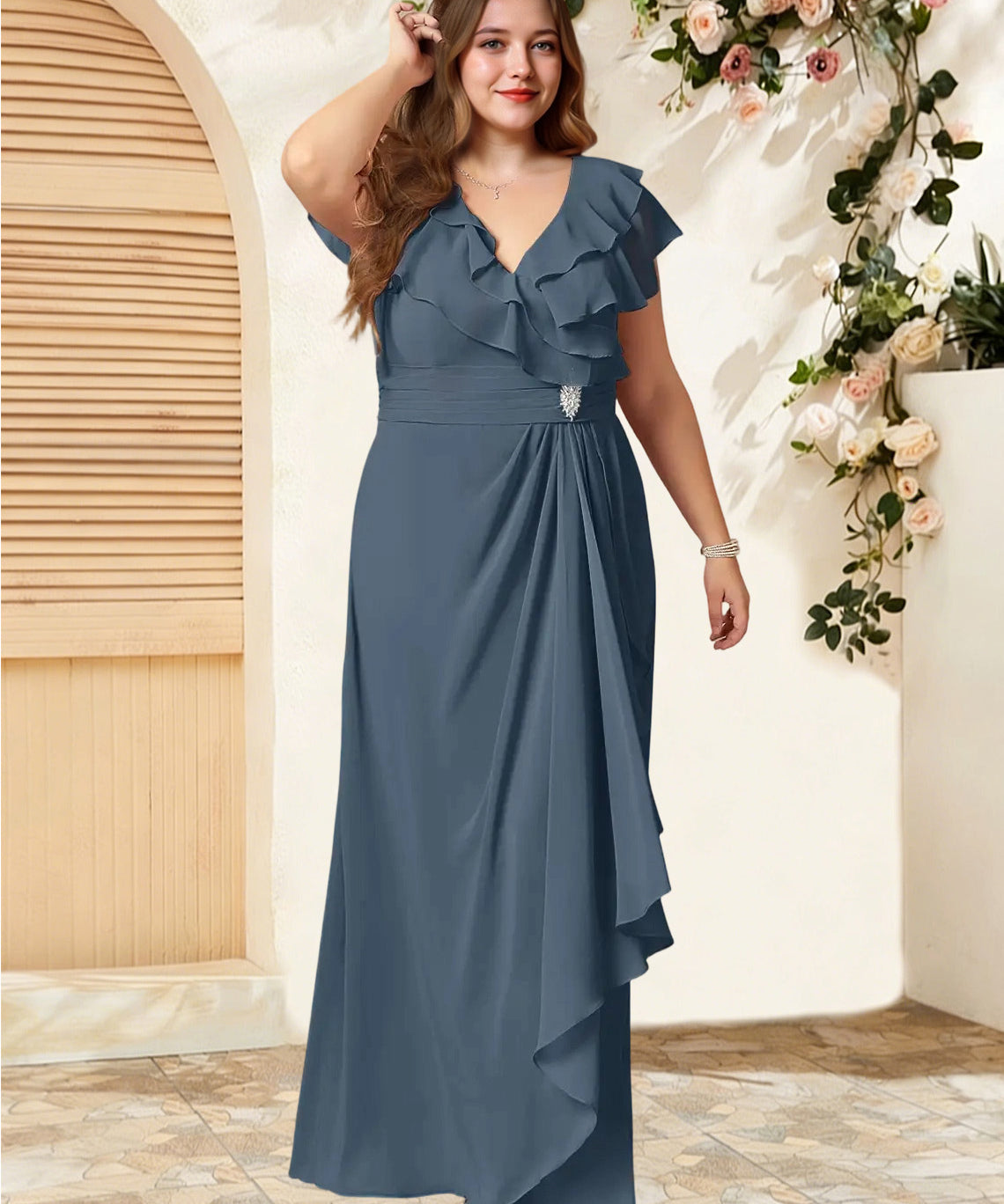 Augday Snapdragon A-Line V-Neck Ruched Chiffon Dress