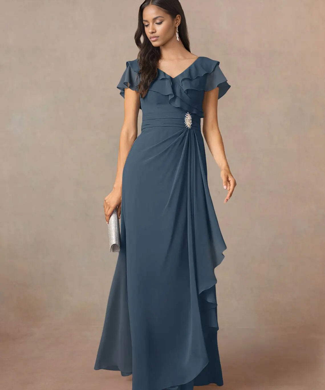 Augday A-Line V-Neck Ruched Chiffon Dress