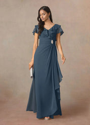 Augday A-Line V-Neck Ruched Chiffon Dress