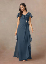 Augday A-Line V-Neck Ruched Chiffon Dress