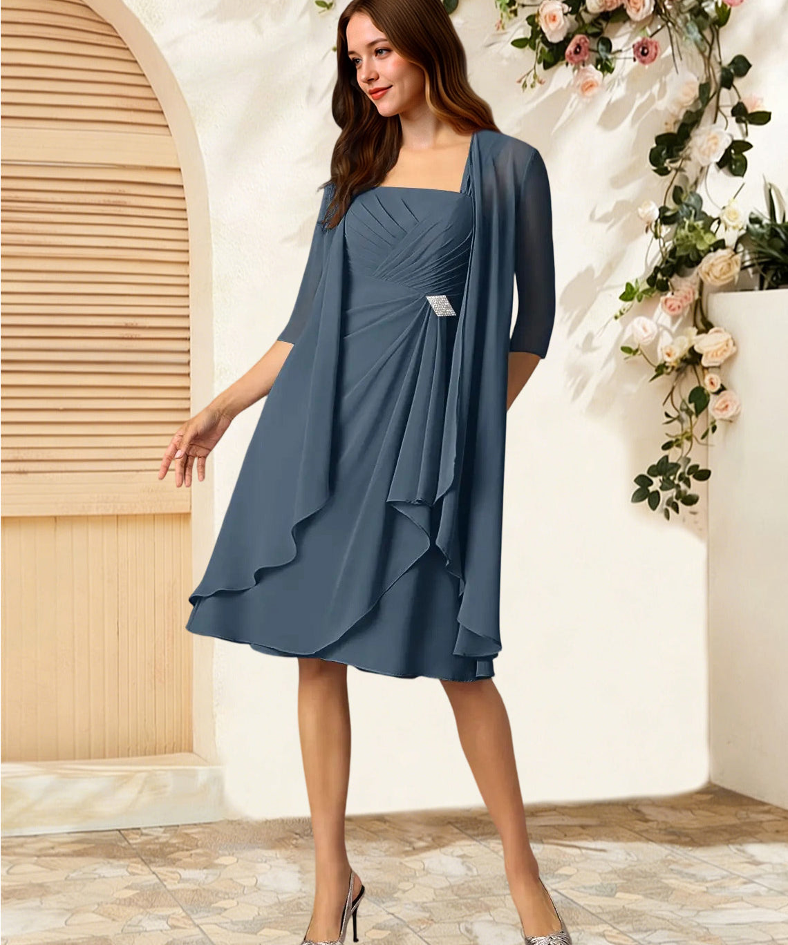Augday Olivia A-Line Square Neckline Pleated Chiffon Dress