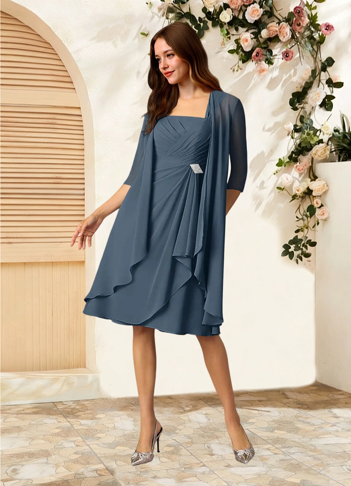 Augday Olivia A-Line Square Neckline Pleated Chiffon Dress