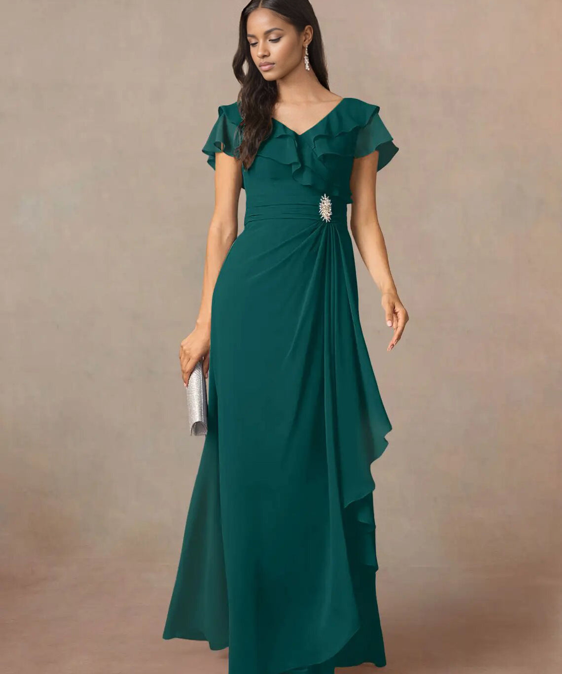 Augday A-Line V-Neck Ruched Chiffon Dress