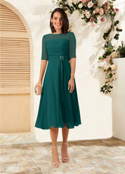 Augday Naomi A-Line Boatneck Pleated Chiffon Dress