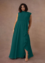 Augday A-Line High Neckline Pleated Chiffon Dress Plus Size