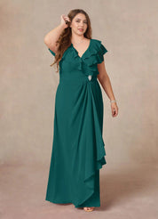 Augday A-Line V-Neck Ruched Chiffon Dress Plus Size