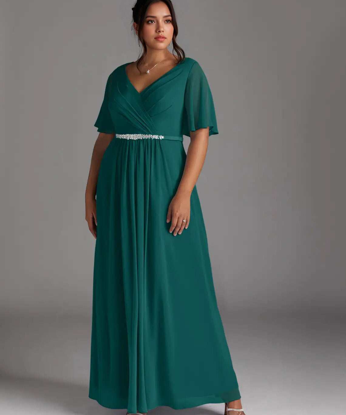 Augday A-Line V-Neck Pleated Chiffon Dress Plus Size