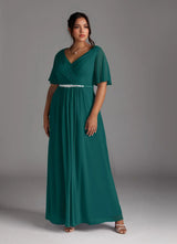 Augday A-Line V-Neck Pleated Chiffon Dress Plus Size