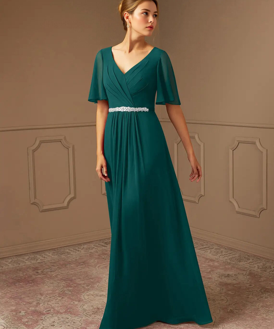 Augday A-Line V-Neck Pleated Chiffon Dress