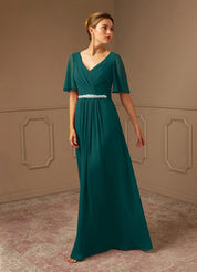 Augday A-Line V-Neck Pleated Chiffon Dress