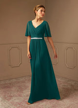Augday A-Line V-Neck Pleated Chiffon Dress