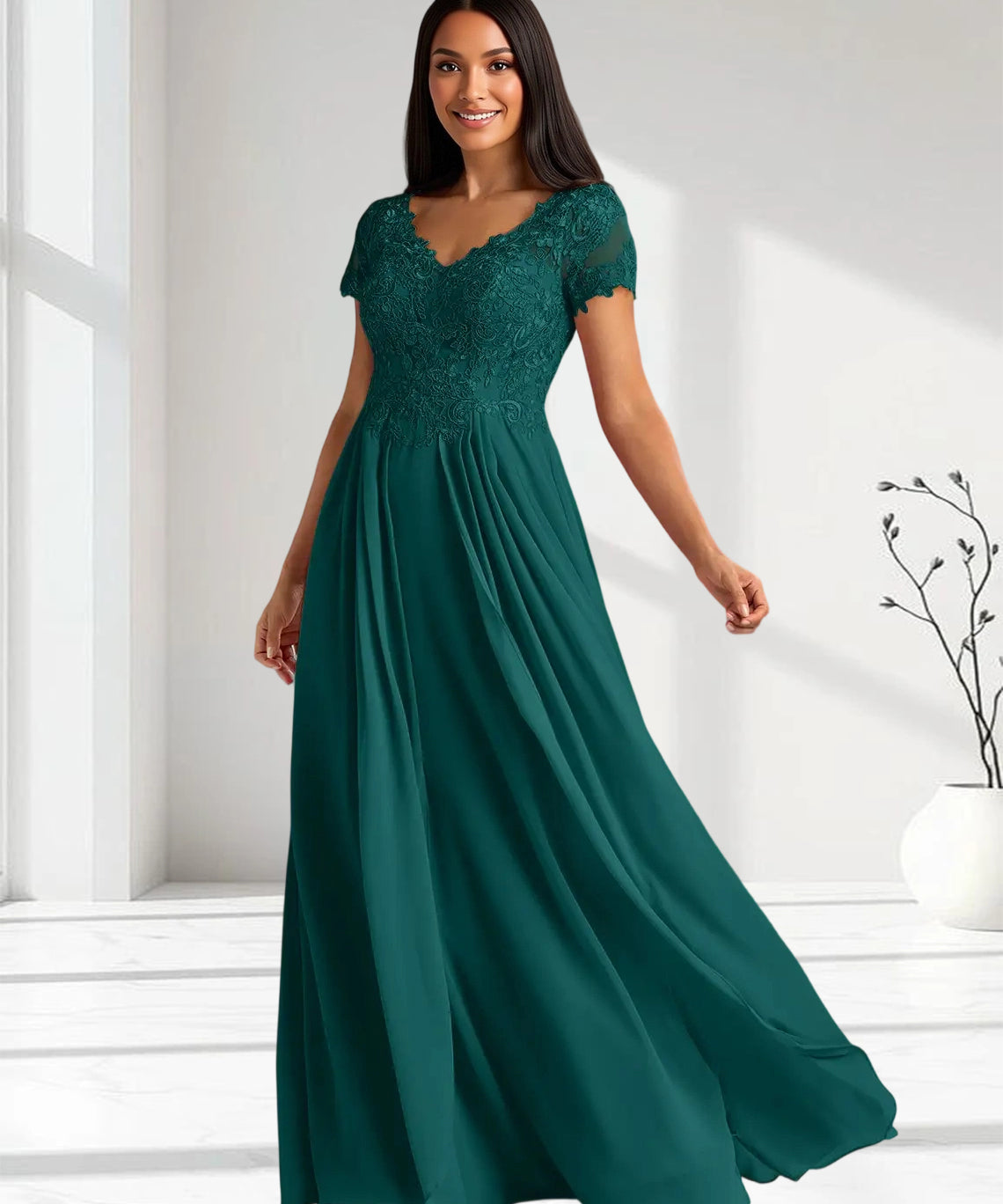 Augday Dunja A-Line V-Neck Lace Chiffon Dress