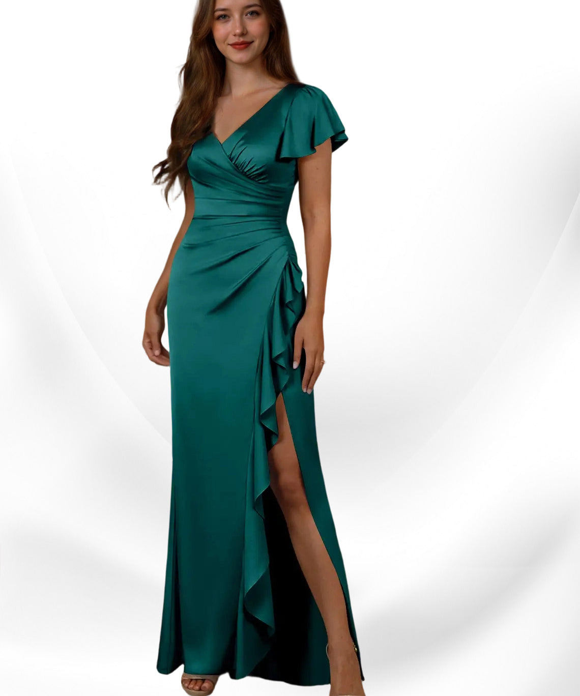 Augday Roya Mermaid V-Neck Pleated Stretch Satin