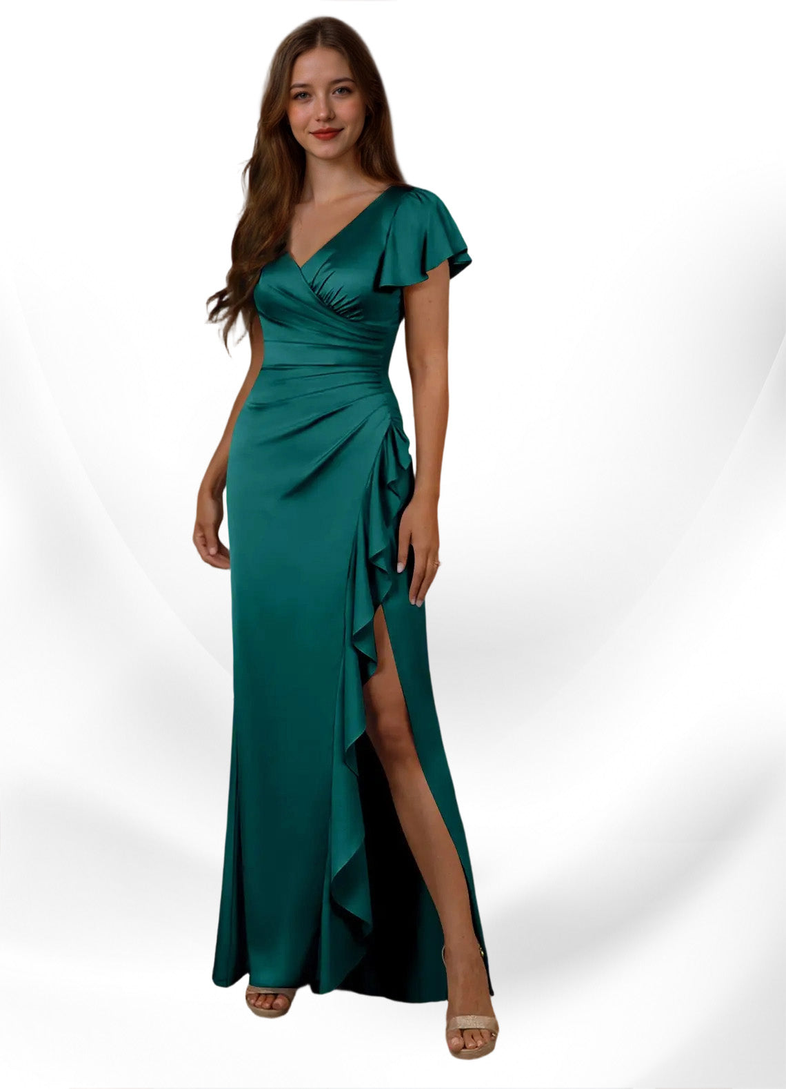 Augday Roya Mermaid V-Neck Pleated Stretch Satin