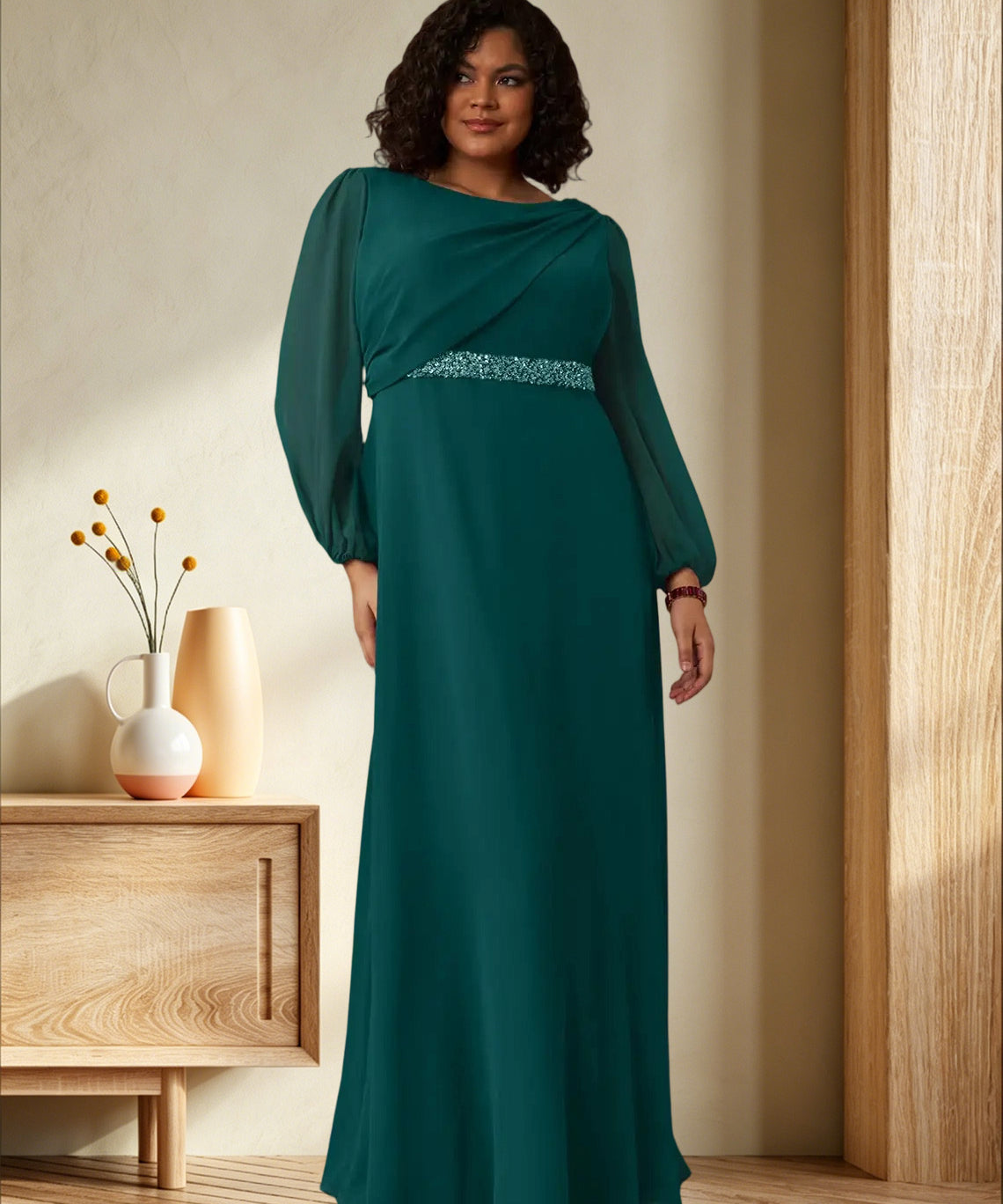 Augday Priyanka A-Line Boatneck Pleated Chiffon Dress