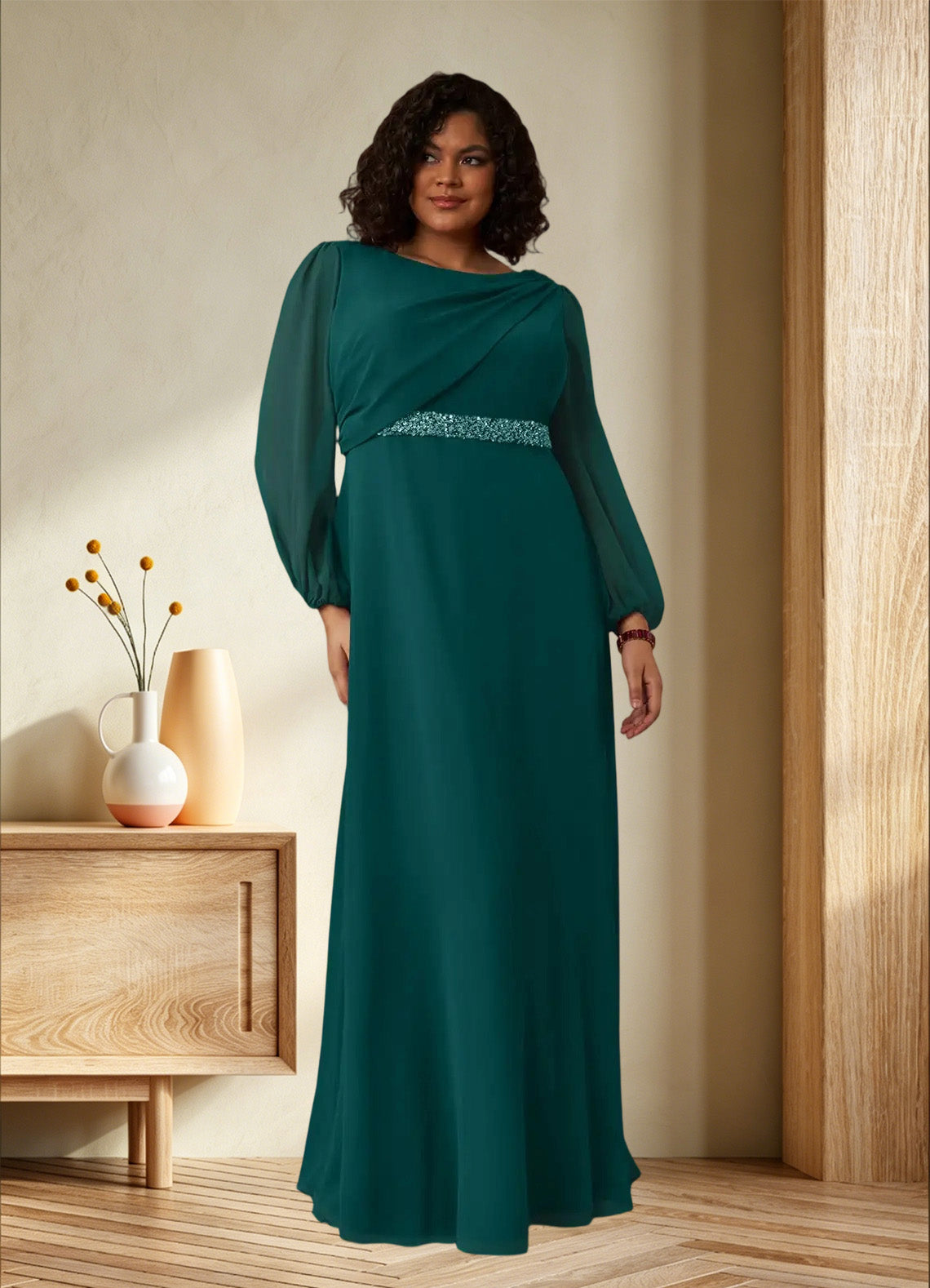 Augday Priyanka A-Line Boatneck Pleated Chiffon Dress