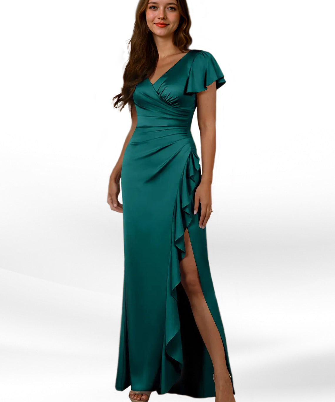 Augday Roya Mermaid V-Neck Pleated Stretch Satin Dress