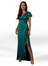 Augday Roya Mermaid V-Neck Pleated Stretch Satin Dress
