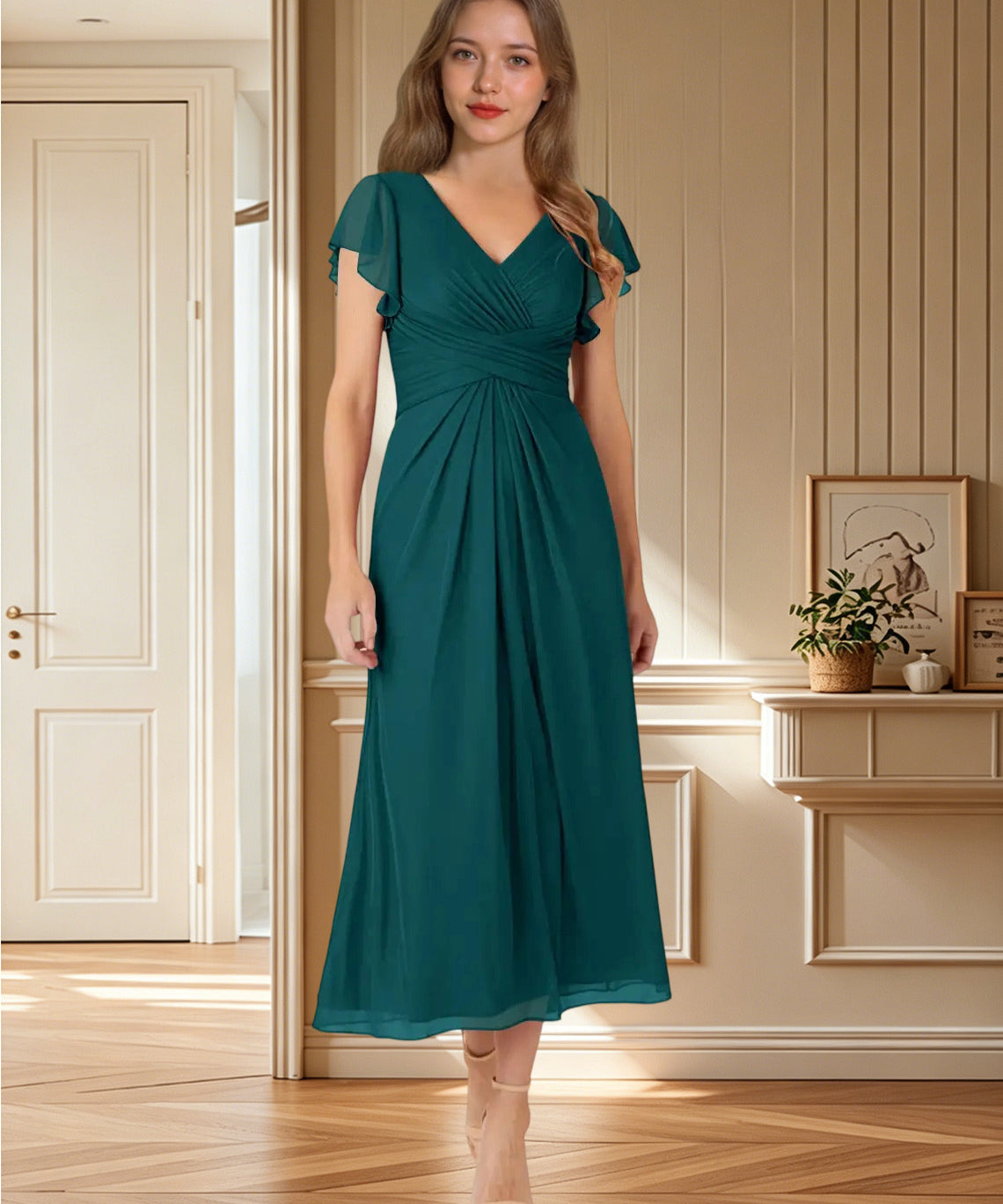 Augday Vera A-Line V-Neck Pleated Mesh Dress