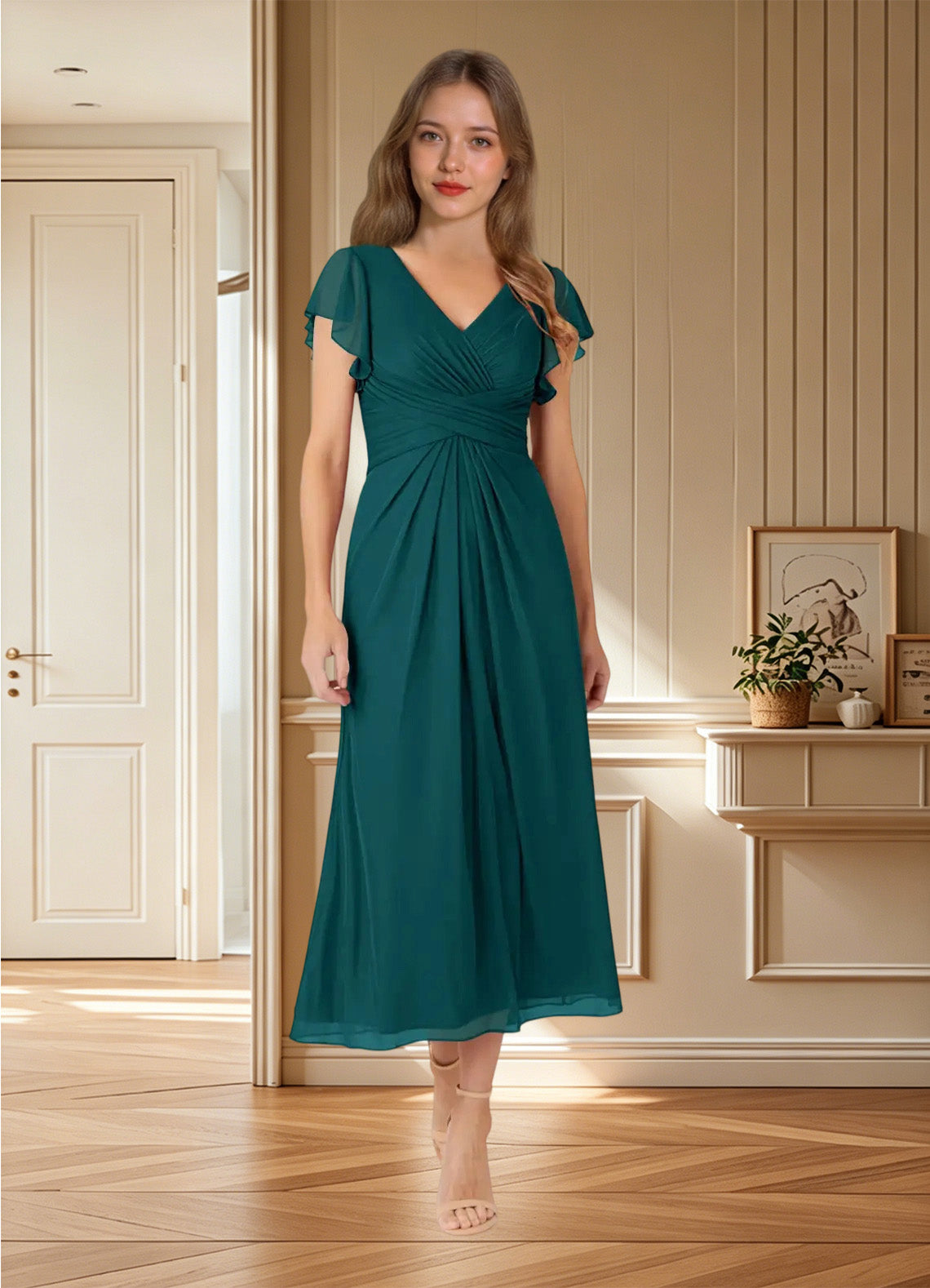 Augday Vera A-Line V-Neck Pleated Mesh Dress