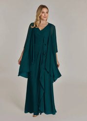 Augday Manuella A-Line V-Neck Pleated Chiffon Dress