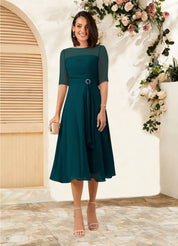 Augday Naomi A-Line Boatneck Pleated Chiffon Dress