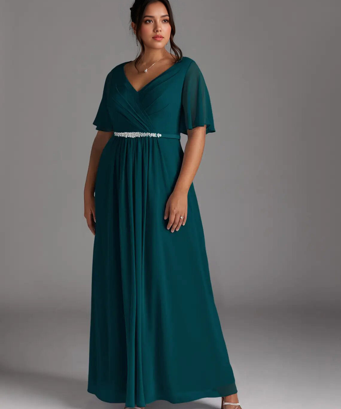 Augday A-Line V-Neck Pleated Chiffon Dress Plus Size