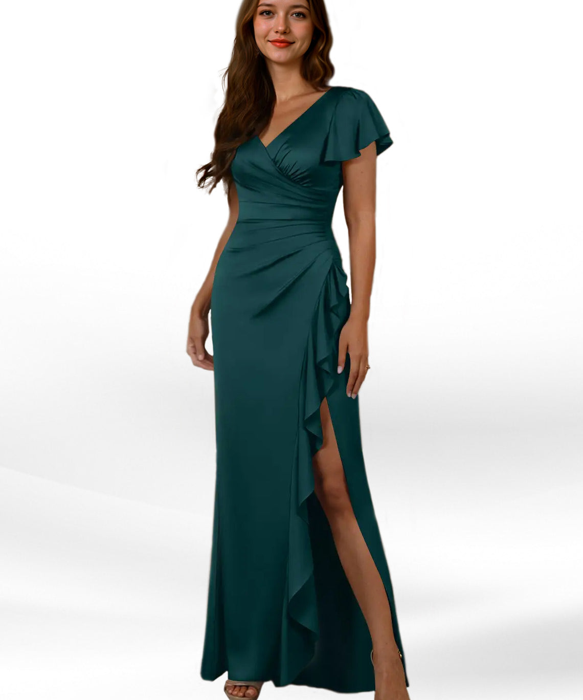 Augday Roya Mermaid V-Neck Pleated Stretch Satin Dress