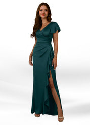 Augday Roya Mermaid V-Neck Pleated Stretch Satin Dress