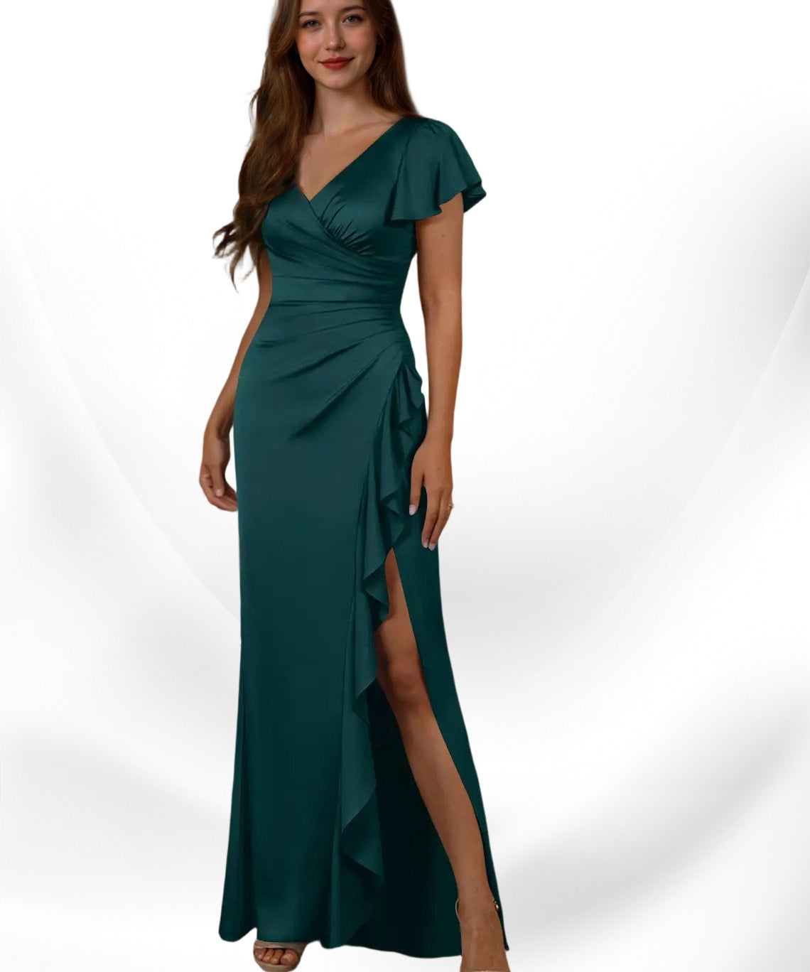 Augday Roya Mermaid V-Neck Pleated Stretch Satin
