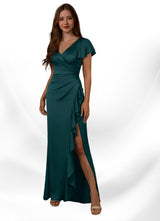 Augday Roya Mermaid V-Neck Pleated Stretch Satin