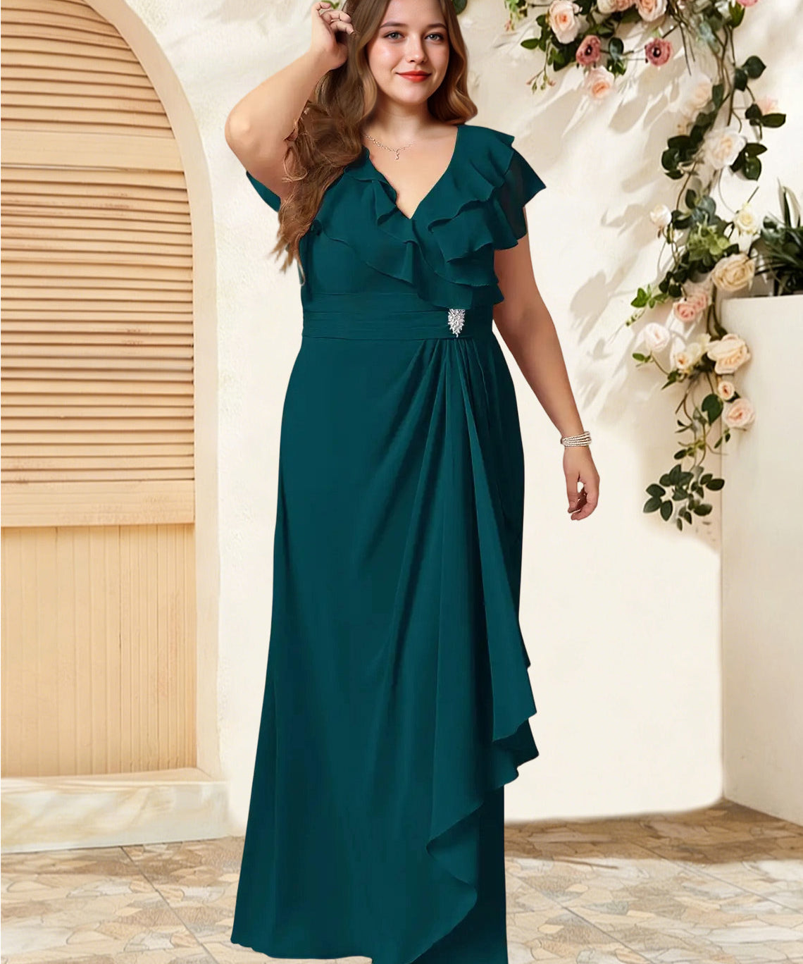 Augday Snapdragon A-Line V-Neck Ruched Chiffon Dress