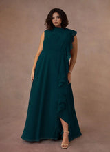 Augday A-Line High Neckline Pleated Chiffon Dress Plus Size
