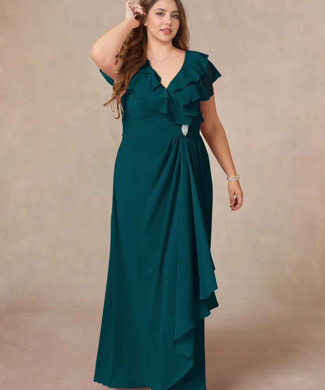 Augday A-Line V-Neck Ruched Chiffon Dress Plus Size