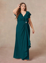 Augday A-Line V-Neck Ruched Chiffon Dress Plus Size