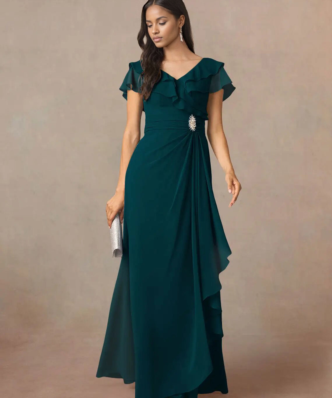 Augday A-Line V-Neck Ruched Chiffon Dress