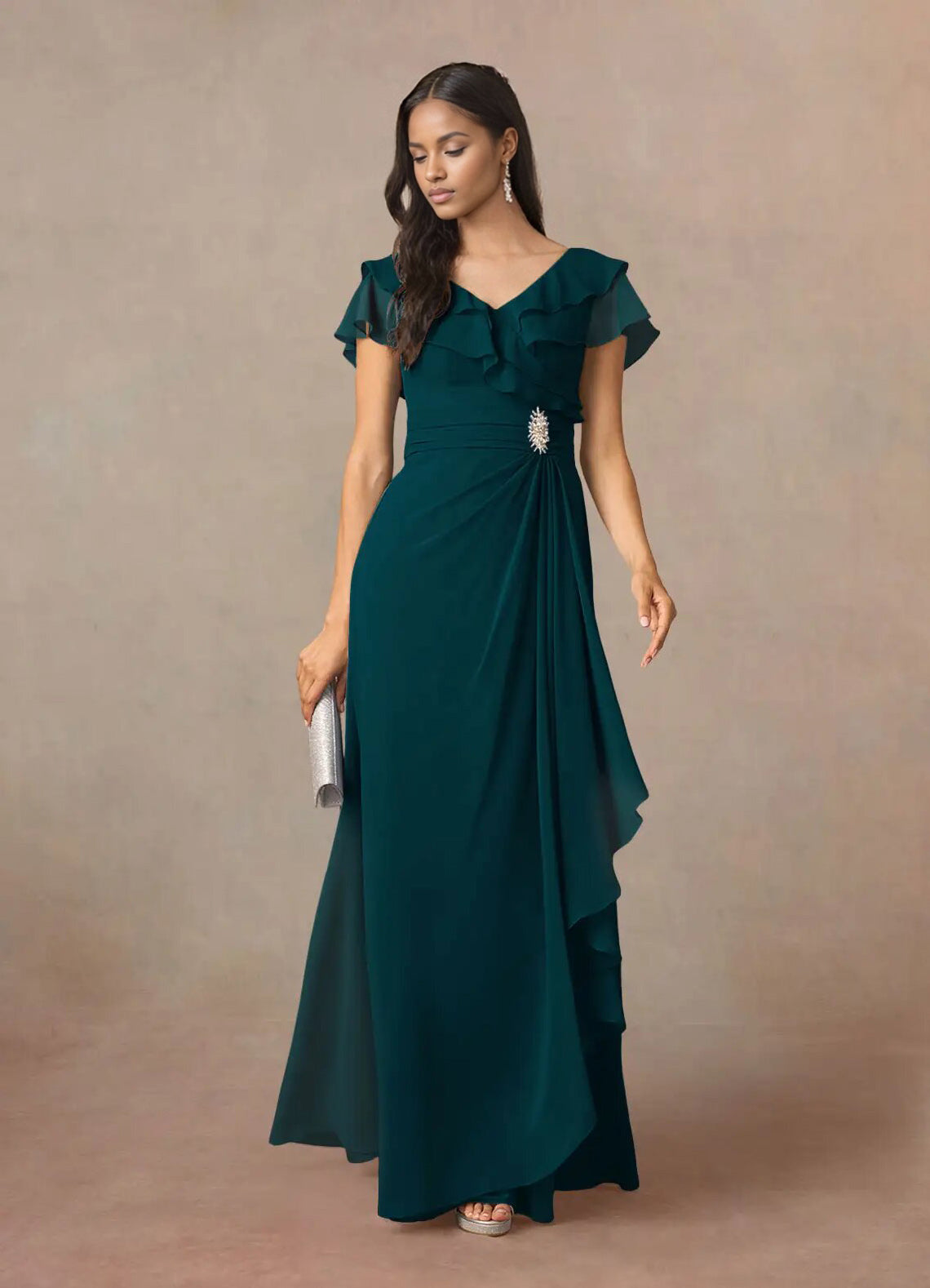 Augday A-Line V-Neck Ruched Chiffon Dress