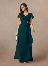 Augday A-Line V-Neck Ruched Chiffon Dress