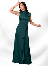 Augday Narine A-Line High Neckline Pleated Stretch Satin Dress
